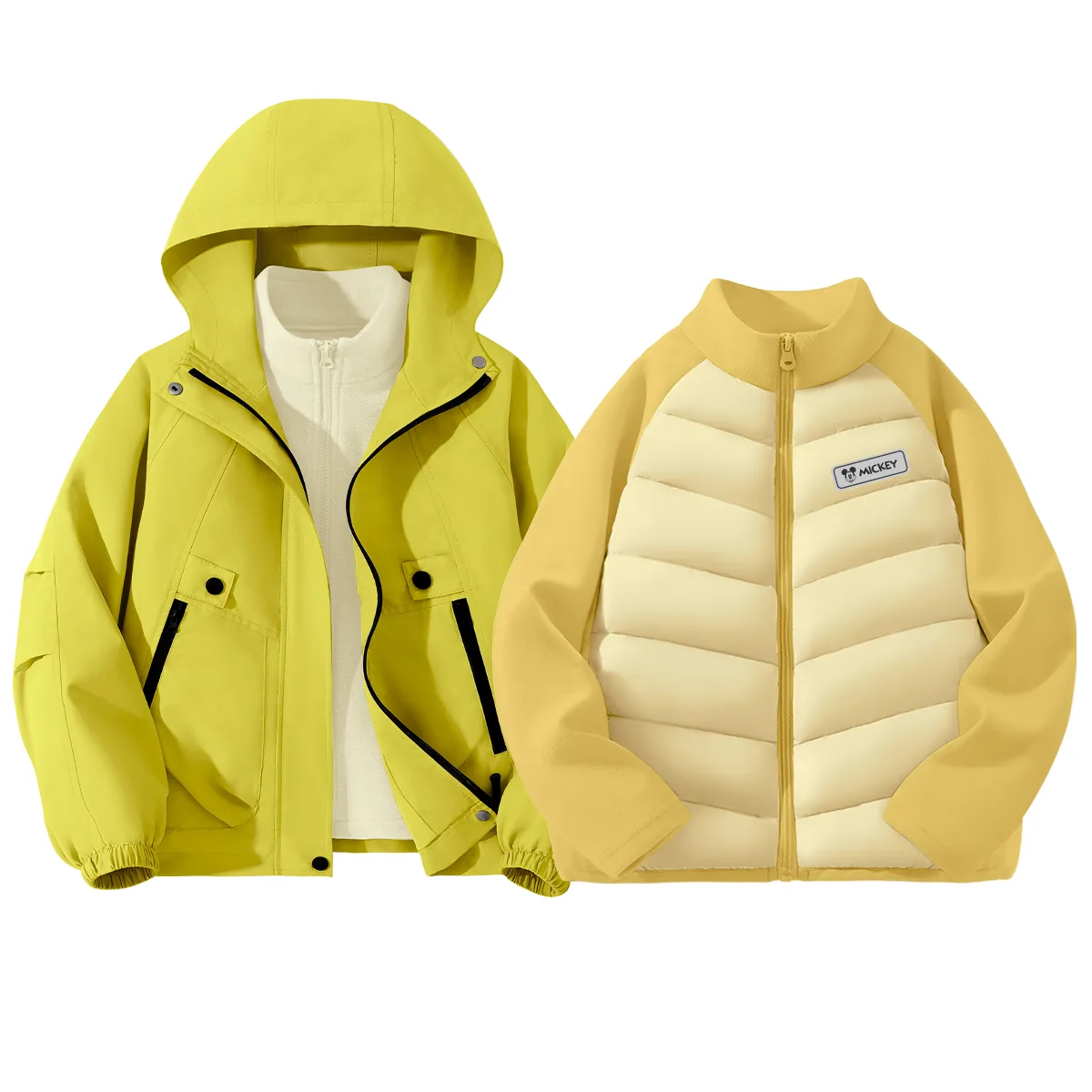 Детский спортивный костюм с круглым вырезом Disney, [Thickened Thermal Three-Piece Set]Solid Color Green+Solid Color Ecru+Di H Square Hook-and-Loop Warm Yellow