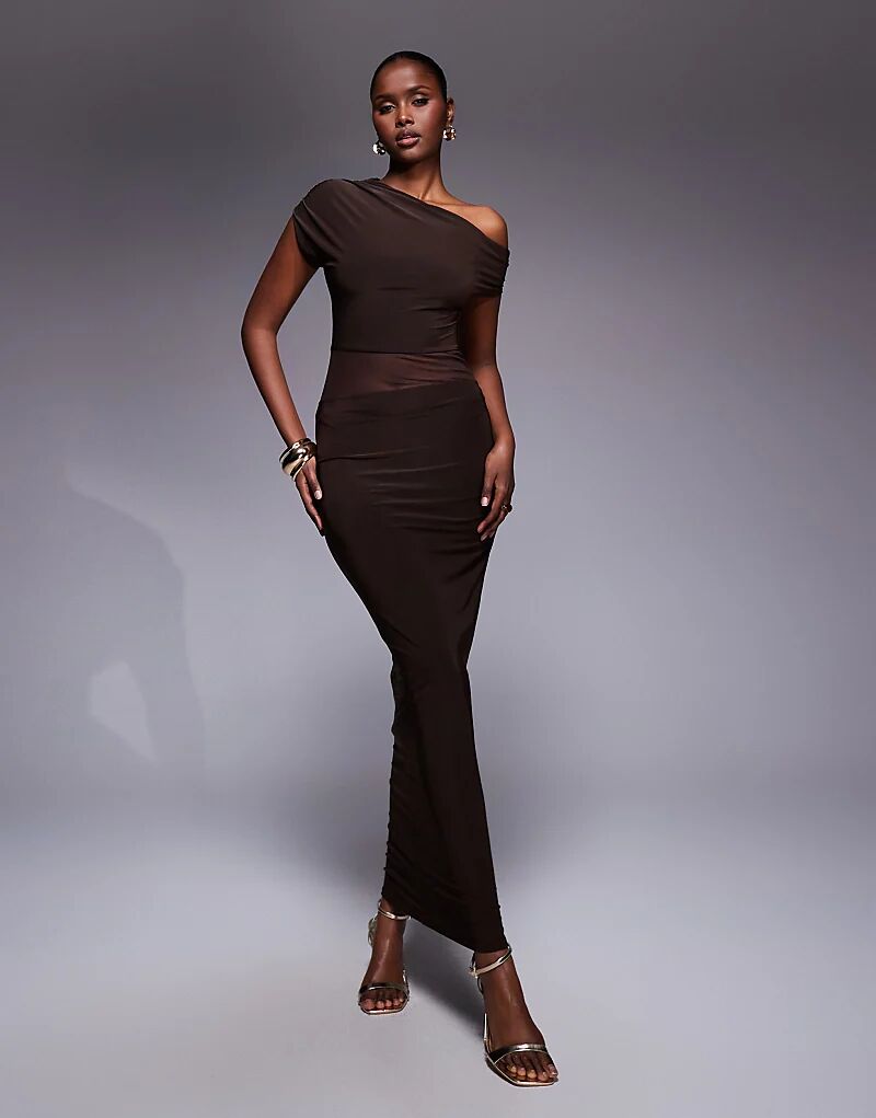 

Эксклюзивное двухслойное облегающее платье макси Kaiia с открытыми плечами и прозрачными сетчатыми вставками шоколадного цвета