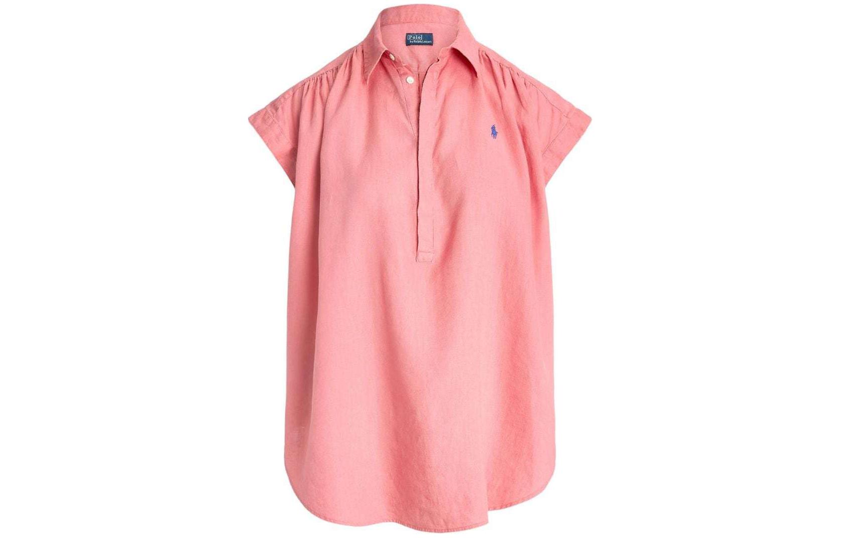 Поло пони блузка с короткими рукавами из льна Polo Ralph Lauren, розовый — фото 3