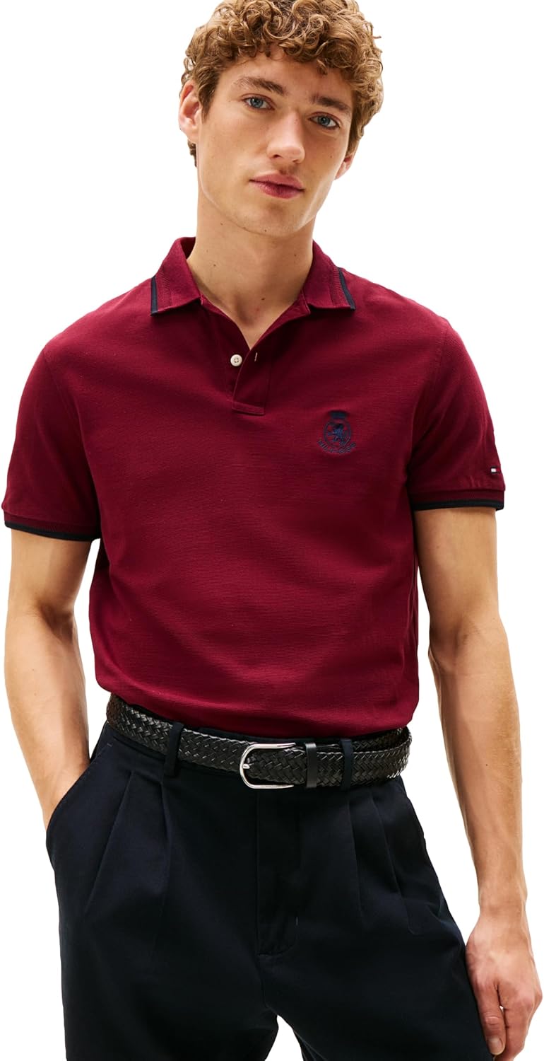 Мужские поло Tommy Hilfiger с коротким рукавом, классического кроя и вышитым гербом, Deep Rouge
