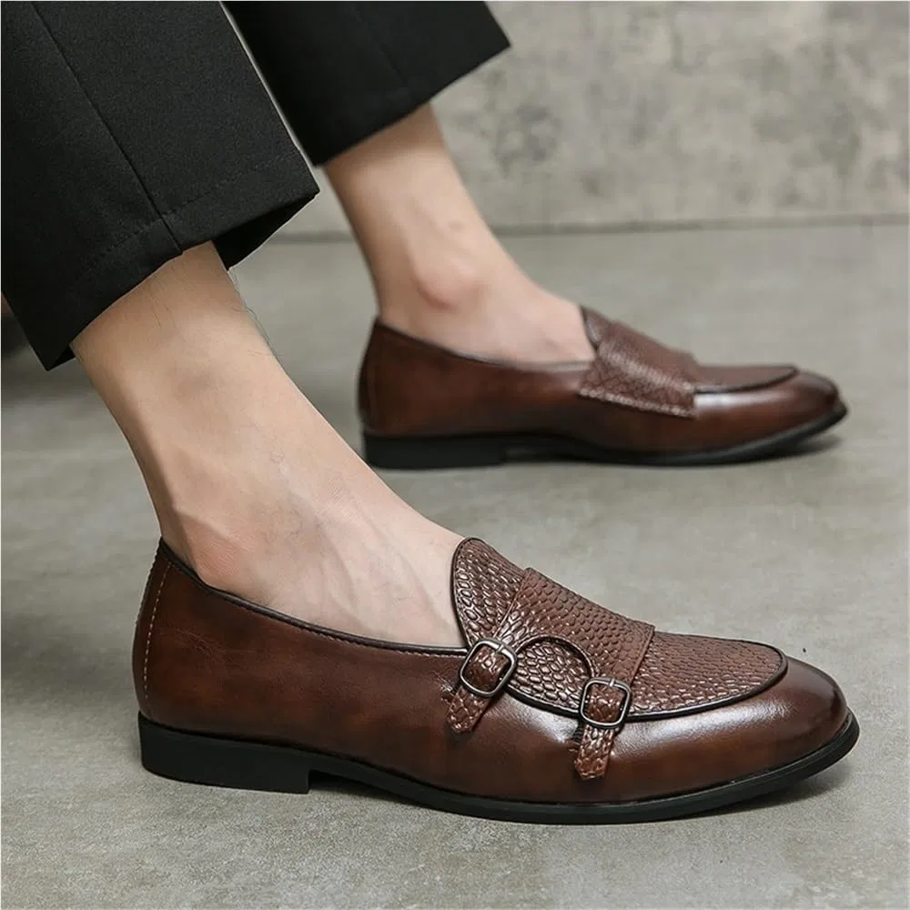 Лоферы мужские кожаные, двойная пряжка, Brown DHFIRUFSHLO — фото 3