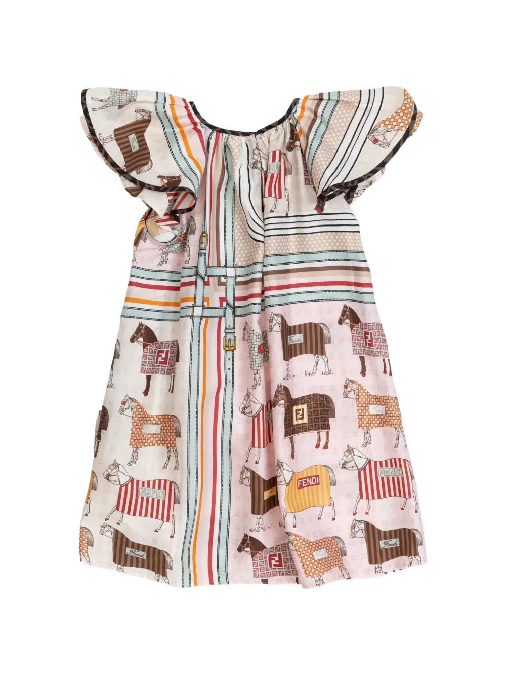 Платье с оборками и принтом в виде лошадей Fendi Kids, нейтральный — фото 2