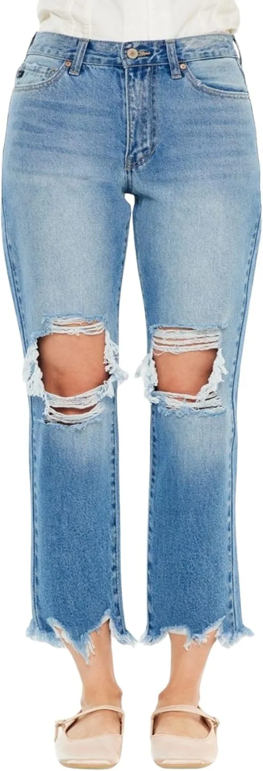 

Женские джинсы Casual, потертые, прямые, укороченные, светлая голубая мойка, молния с пуговицей Yanhoo