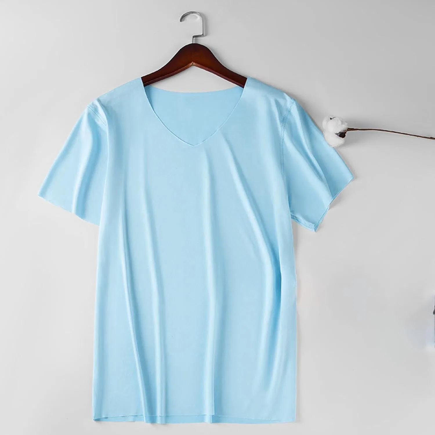 Футболка с V-образным вырезом, облегающая, Generic, Light Blue — фото 3