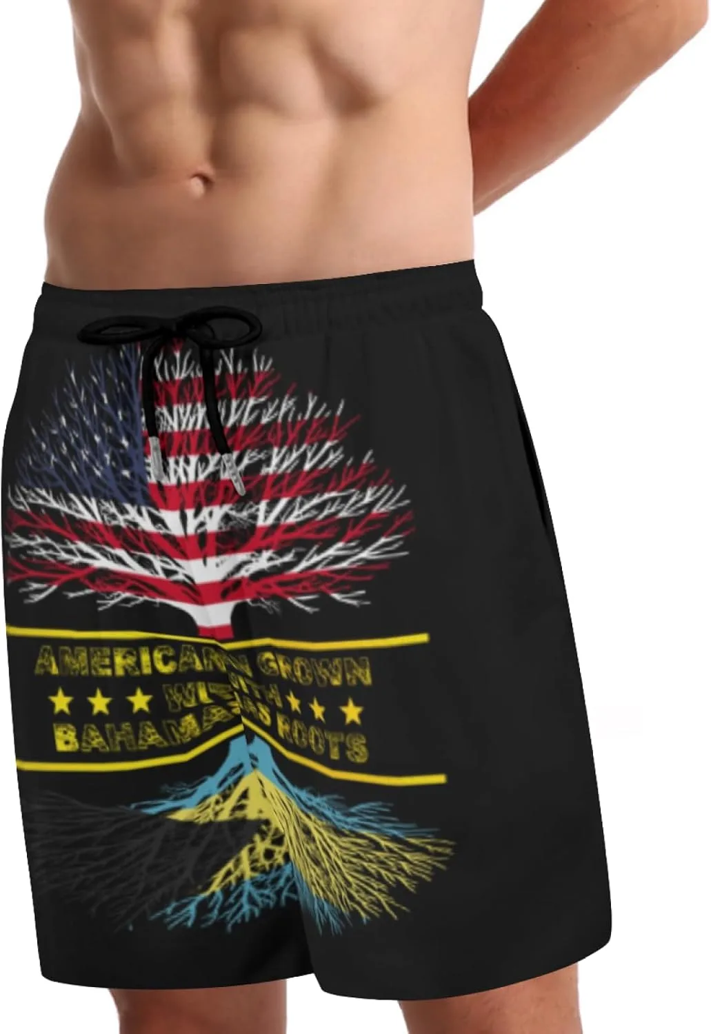 Мужские плавки American Grown and Bahamas Roots с сетчатой ​​подкладкой, завязками, быстросохнущие, с карманами Generic, черный — фото 2
