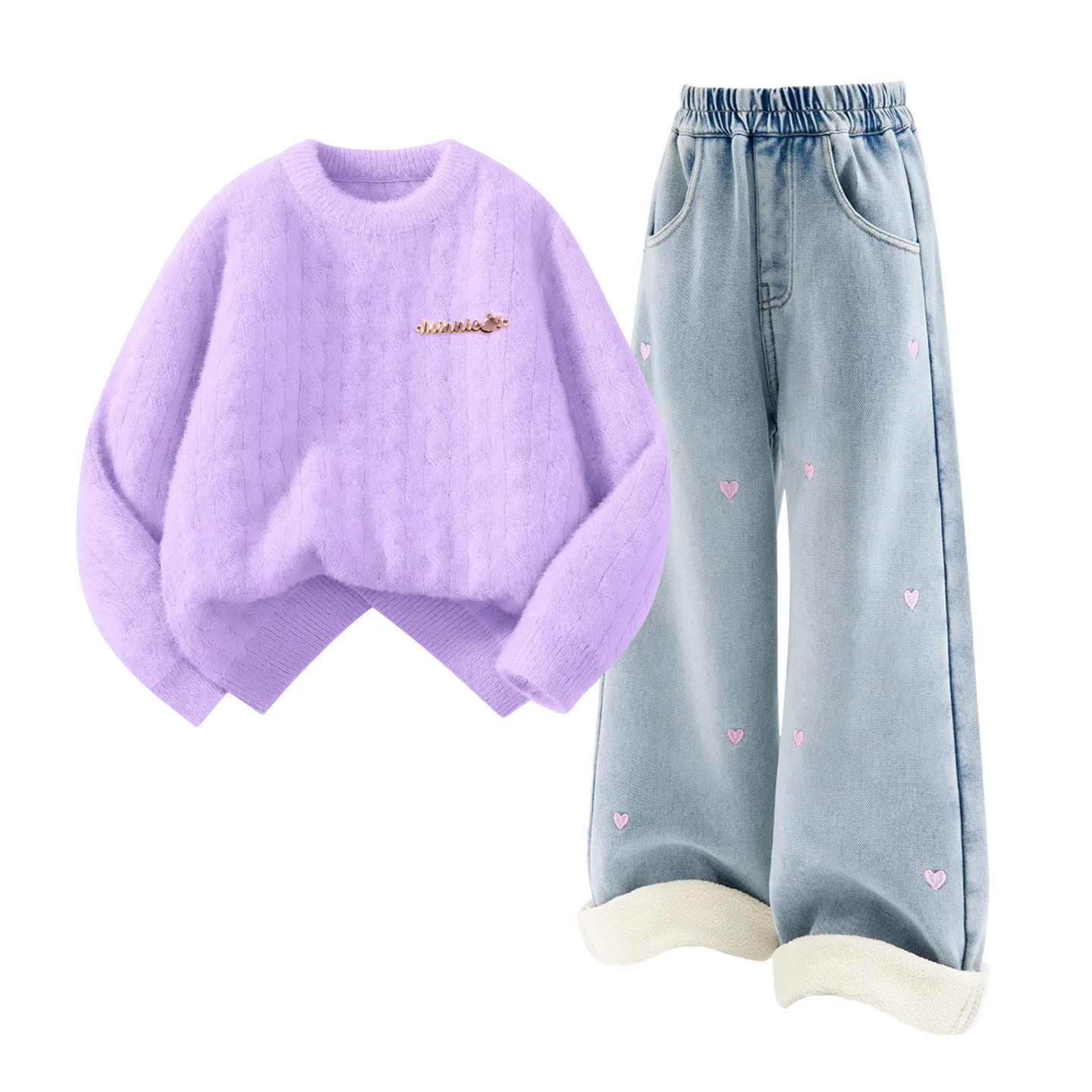 Детская повседневная спортивная футболка с круглым вырезом Disney, [Thickened and Fleece-Lined]Di-Chang Metal Label K Light Purple+Solid Color Denim Light Blue
