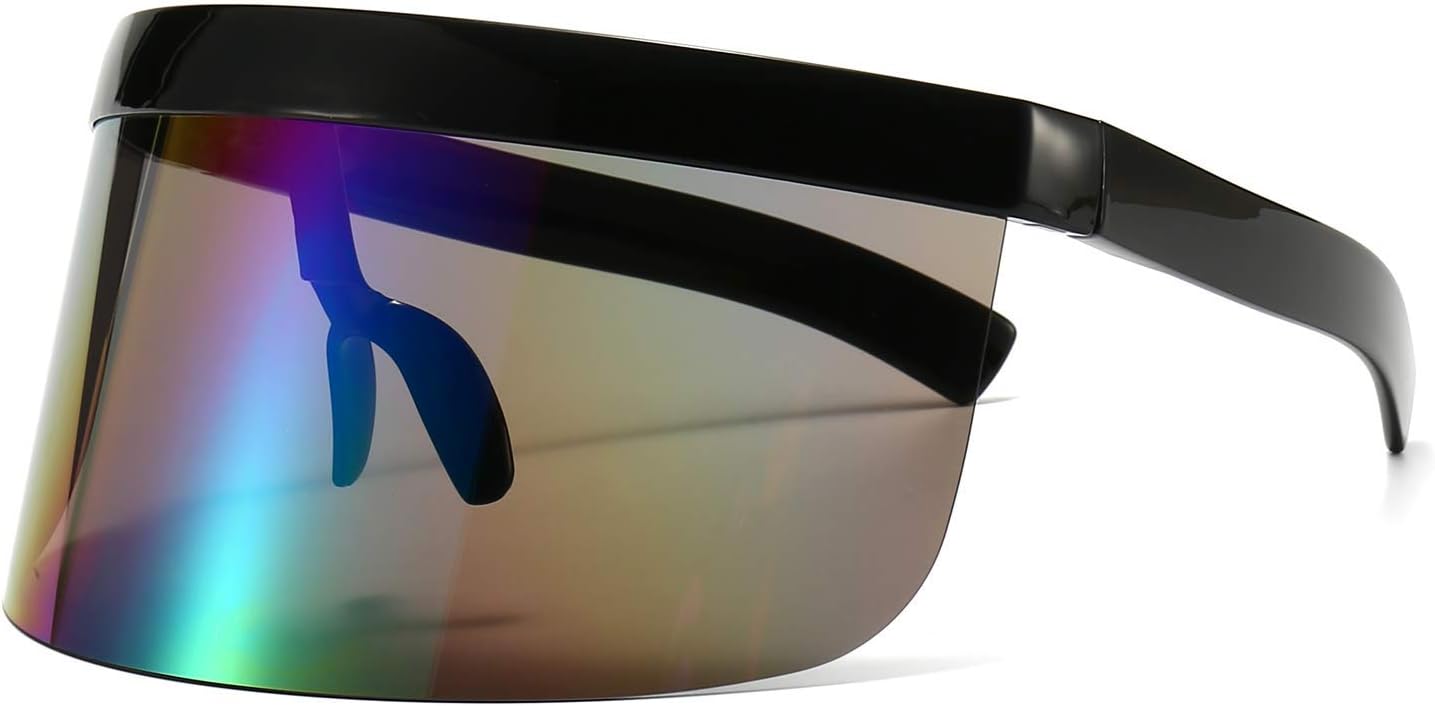 

Футуристические солнцезащитные очки-щит с большим зеркальным козырьком и плоской верхней частью, подходящие для мужчин и женщин, как шляпа от солнца, для защиты от ультрафиолета, Black/Rainbow