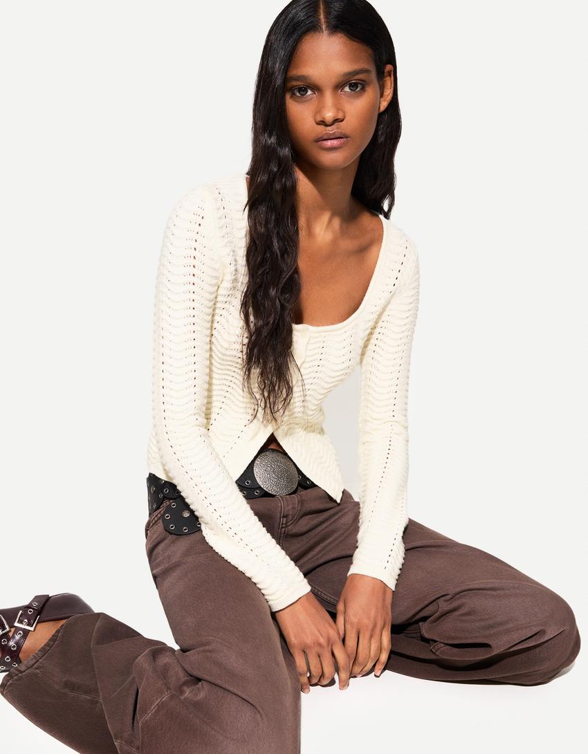 

Ажурный кардиган с круглым вырезом Bershka, бежевый
