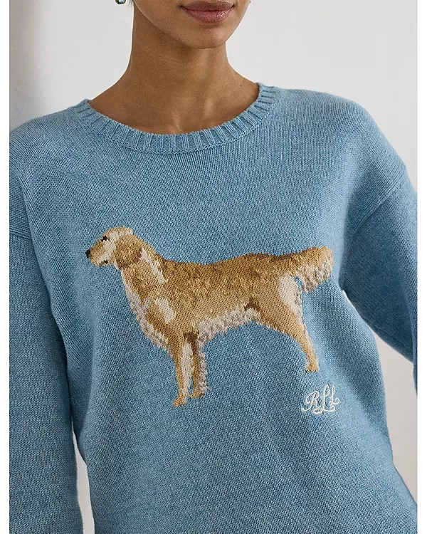 Вязаный свитер с изображением золотистого ретривера в технике интарсии Ralph Lauren, Blue/Heather — фото 4