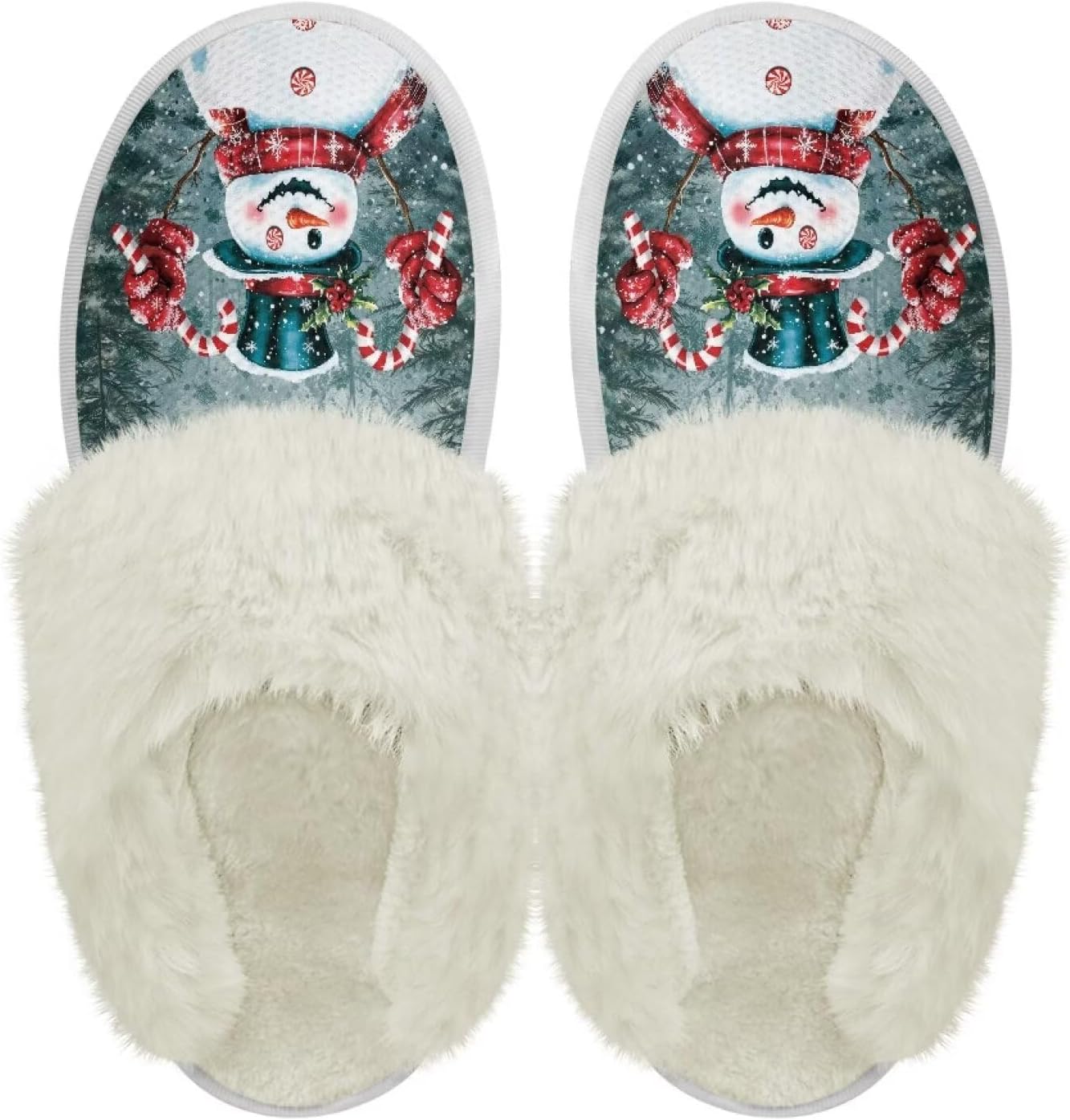 

Хлопковые тапочки PJHEQOXE с пушистыми краями, домашние тапочки для дома и улицы, хлопковые тапочки унисекс, Candy Cane Snowman
