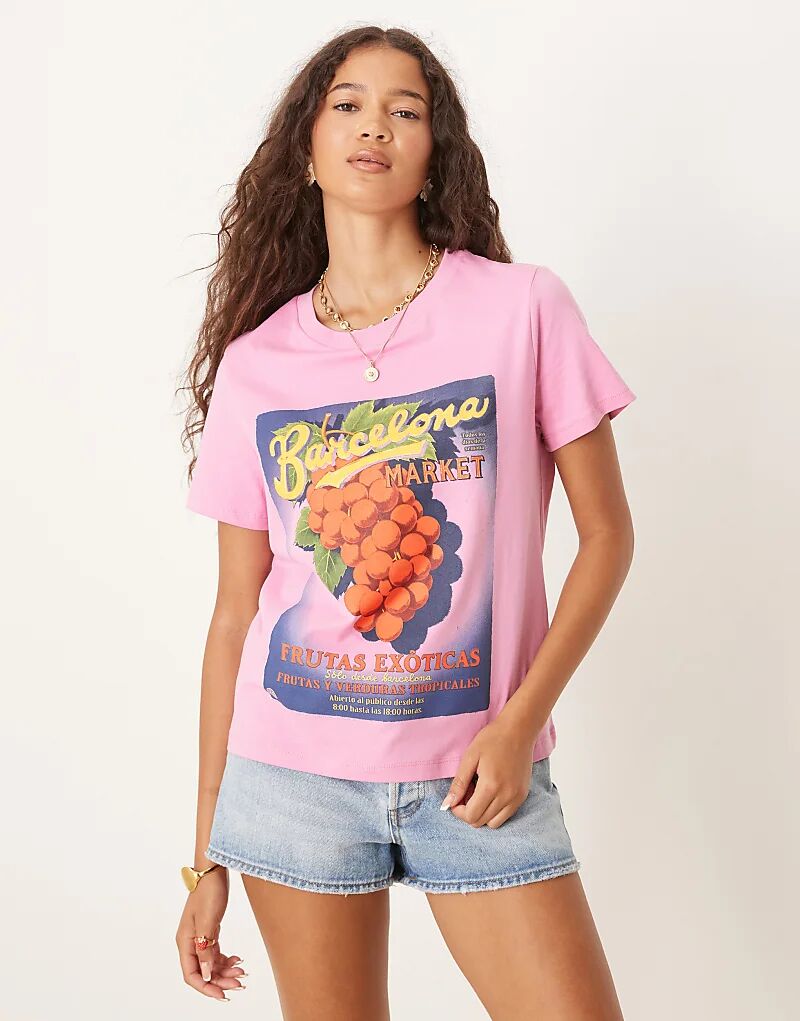 

Свободная детская футболка ASOS DESIGN с изображением фруктов Барселоны розового цвета