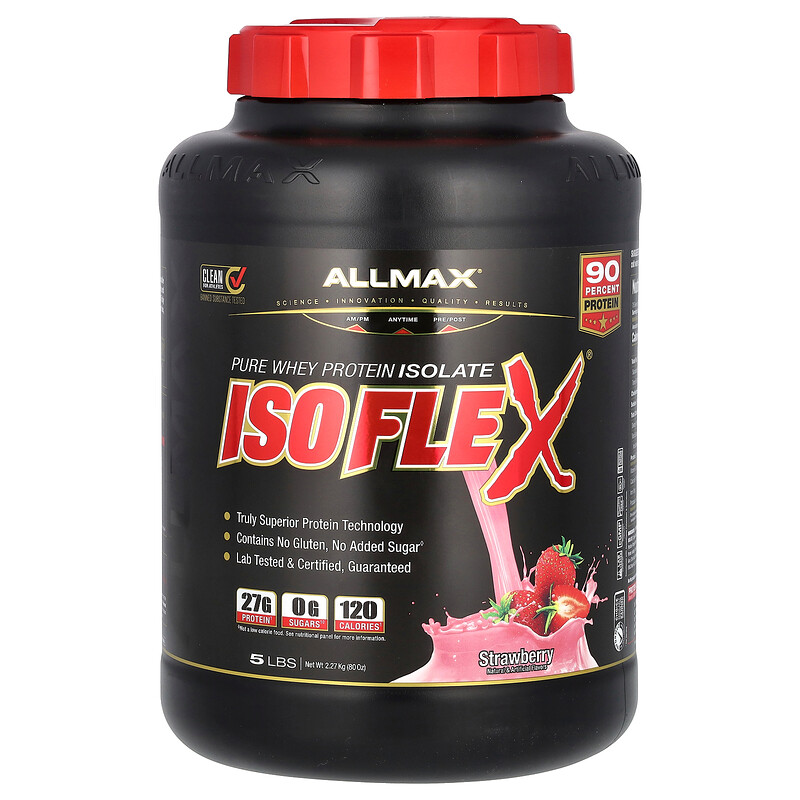 

ALLMAX, Isoflex, 100% ультра чистый изолят сывороточного протеина (технология ионной фильтрации), клубника, 5 фунтов (2,27 кг)