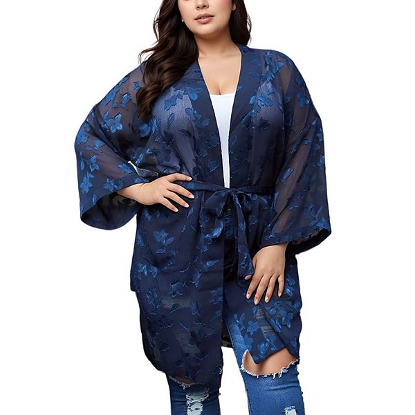 

Халат большого размера из прозрачной ткани с цветочным тиснением Nurode, Navy