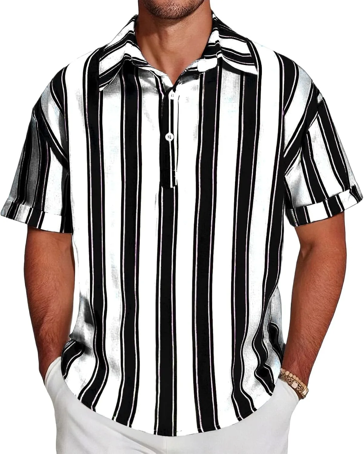 

Мужская футболка хенли с коротким рукавом, полоска и цветные блоки kuweot