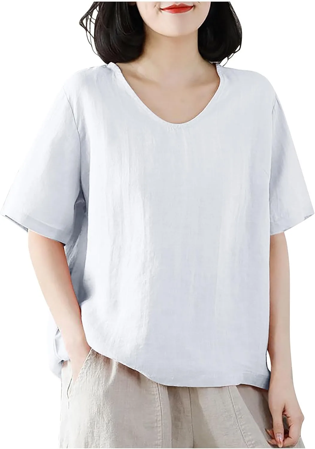 

Женская льняная рубашка с круглым вырезом и короткими рукавами AKTCVVJ