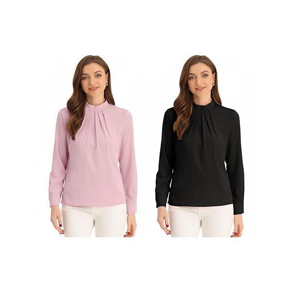 

2 упаковки женская блузка с воротником-стойкой шифон длинный рукав деловая повседневная Inspire Chic, Pink Black