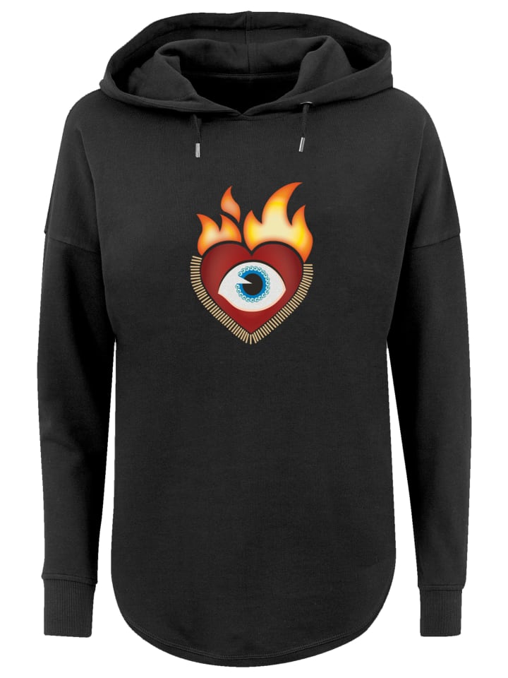 

Пуловер emoji couture Oversized Hoodie Heart on flames eye and golden beads, черный
