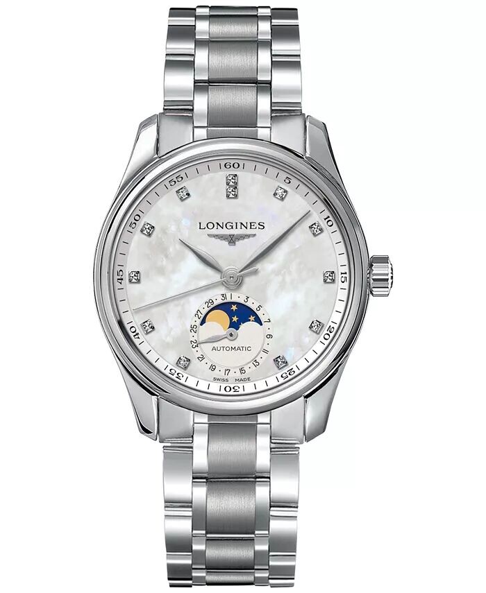 

Женские швейцарские автоматические часы Master Moonphase Diamond (1/20 карата) из нержавеющей стали с браслетом, 34 мм Longines