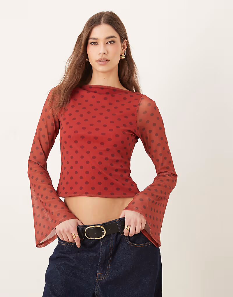 

Топ из сетки ASOS DESIGN с рукавами-ангелочками, открытыми завязками сзади, в горошек цвета ржавчины