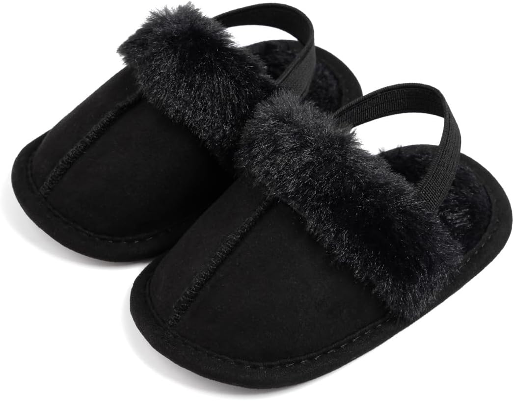 

Детские мальчики девочки пушистые мягкие тапочки с закрытым носком для дома, домашние тапочки из искусственного меха с ремешком, обувь без шнурков Purepips, черный