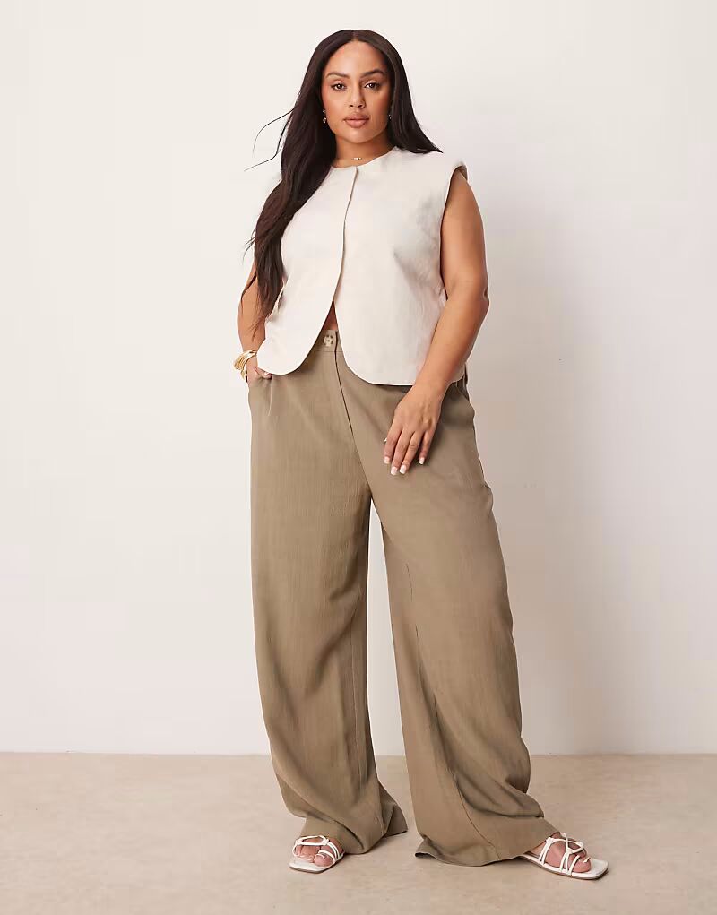 

Свободные прямые брюки ASOS DESIGN Curve цвета хаки с добавлением льна