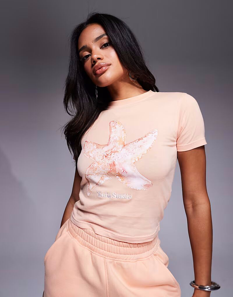 

Укороченная приталенная футболка из высококачественного хлопка с вышитым логотипом и изображением морской звезды, персикового цвета Kaiia, Оранжевый, Укороченная приталенная футболка из высококачественного хлопка с вышитым логотипом и изображением морской