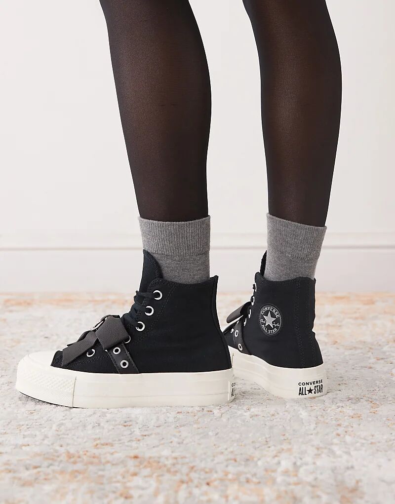 Кроссовки Converse Chuck Taylor All Star Lift Hi на платформе черного цвета с бантами — фото 3