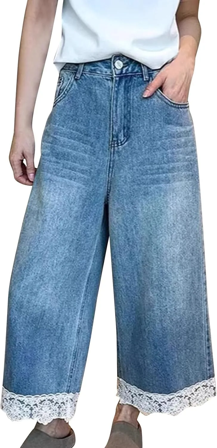 

Женские джинсы с кружевным подолом, широкие, свободные, с высокой посадкой HGps8w