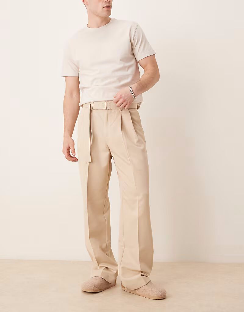 

Брюки ASOS DESIGN элегантного широкого кроя с поясом и двойными складками спереди бежевого цвета