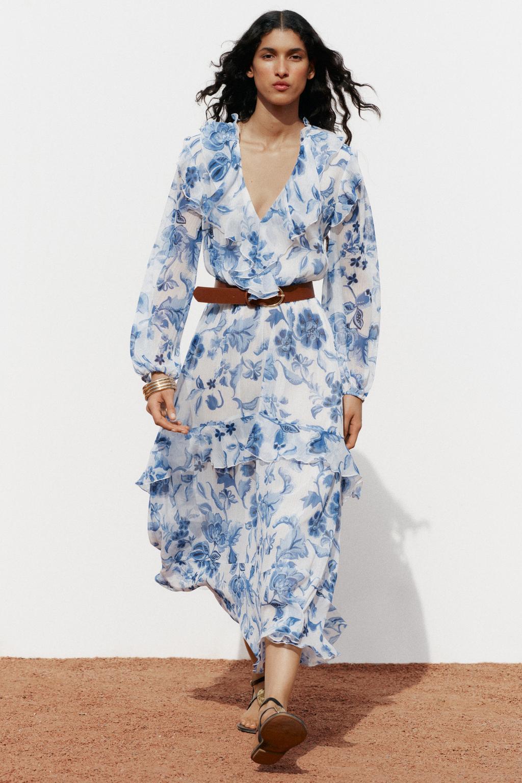 

Платье миди с принтом и поясом ZARA, цвет White/Sky blue