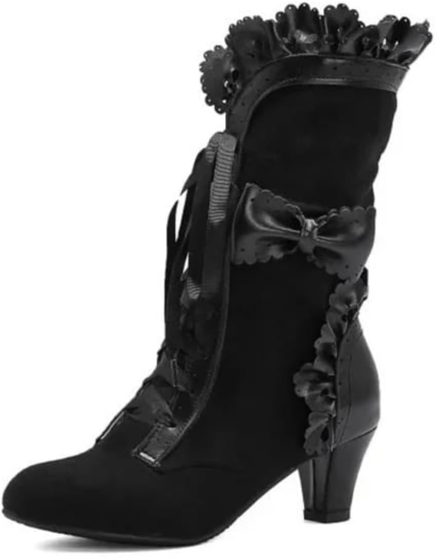 

Викторианские ботинки для женщин с винтажным бантом, оборками и массивным каблуком, шнуровкой, готические ботинки, костюмные ведьмины, кубинский каблук, ботинки до середины икры с молнией Baxtayel, черный
