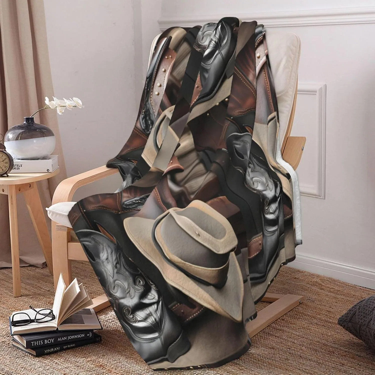 YYHHAOFA Ботинки Cowboy-Flanelldecke, schwarzer Hut, Westernstiefel, 167,6 x 228,6 cm dick: hautfreundlich, warm und bequem, pflegeleicht und langlebig — фото 2