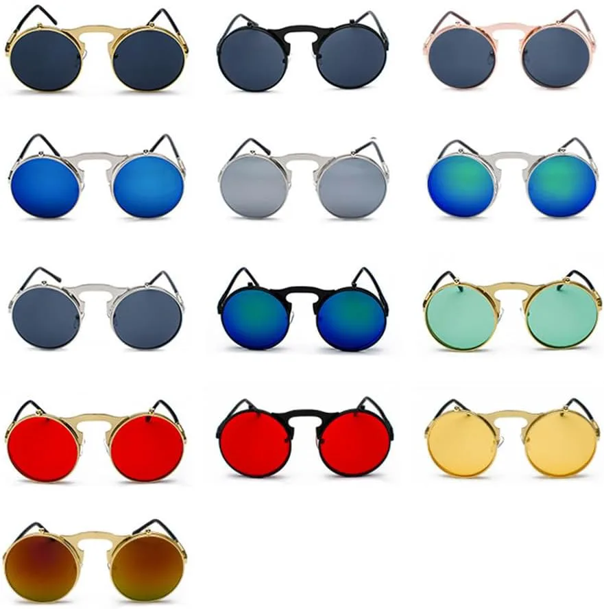 

Складные солнцезащитные очки в стиле стимпанк небольшого размера, круглые, с металлическим покрытием, для мужчин, с пружинными дужками generic, Black Blue Mirror