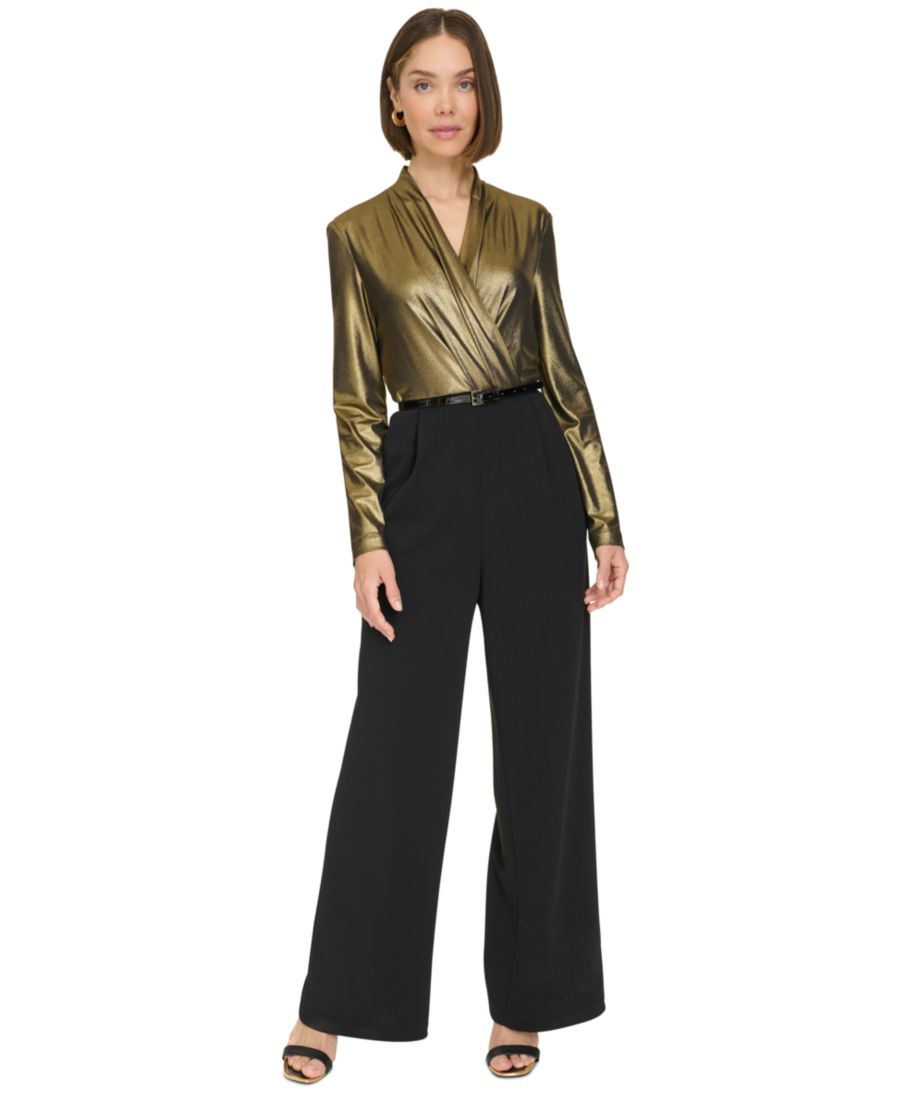 

Женский блестящий комбинезон с поясом и широкими штанинами Tommy Hilfiger, Black/Gold