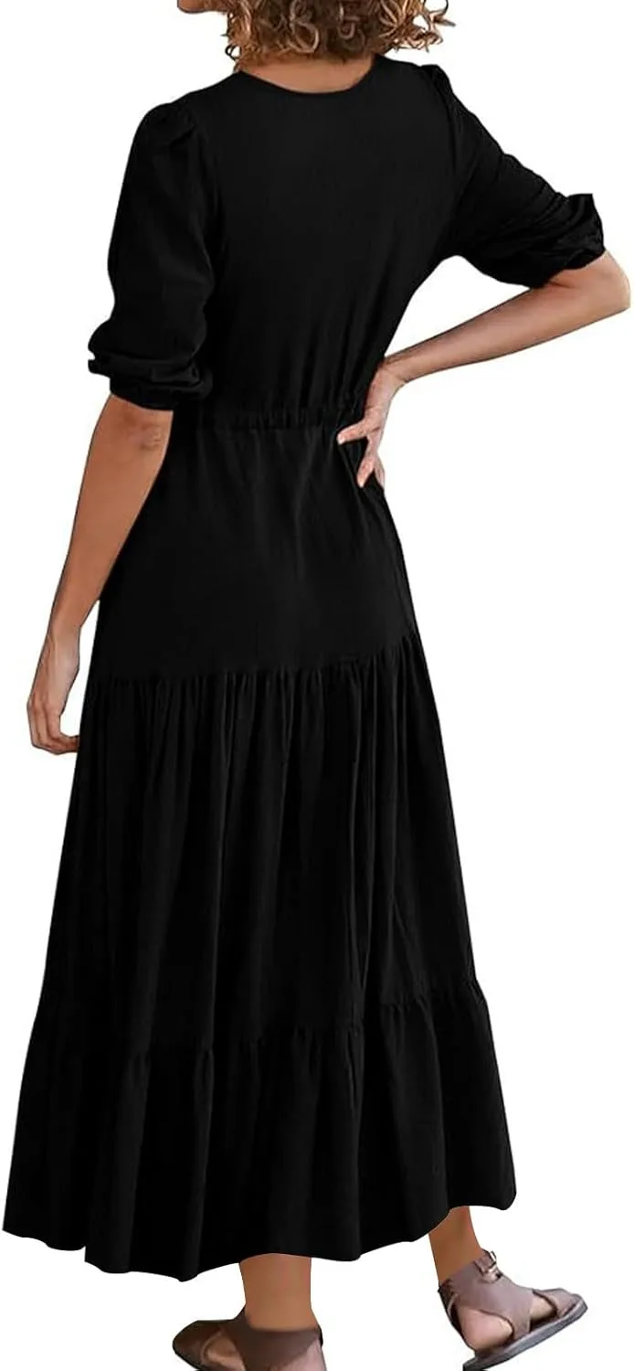 Платье Casual Boho 2024 с коротким рукавом, V-образным вырезом, завязкой на талии, ярусами и расклешенным силуэтом, летнее струящееся макси для отпуска Generic, черный — фото 4