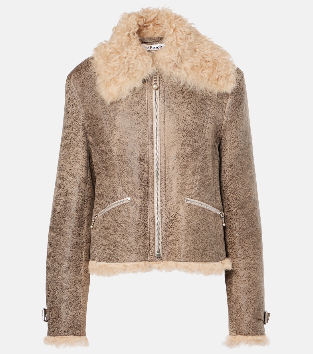Кожаная куртка с отделкой из овчины Acne Studios, Grey/Beige