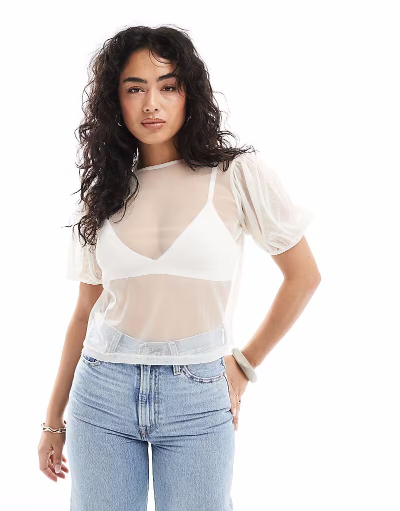 

Футболка свободного кроя ASOS DESIGN с рукавами-фонариками из тюля белого цвета