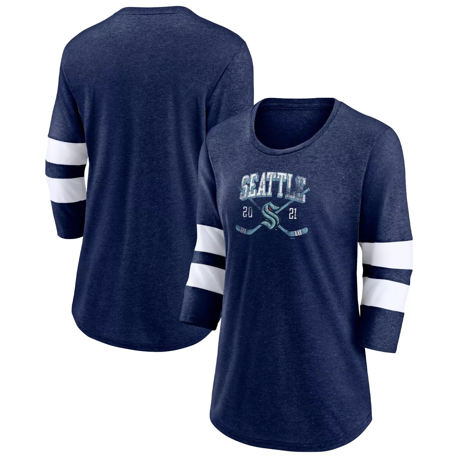 

Женская футболка Fanatics с фирменным логотипом Heather Deep Sea Seattle Kraken Line Shift Tri-Blend с рукавами три четверти Fanatics