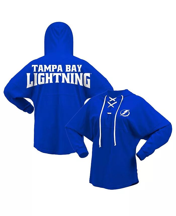 

Женская синяя футболка Tampa Bay Lightning Jersey с капюшоном и V-образным вырезом на шнуровке с длинным рукавом Fanatics