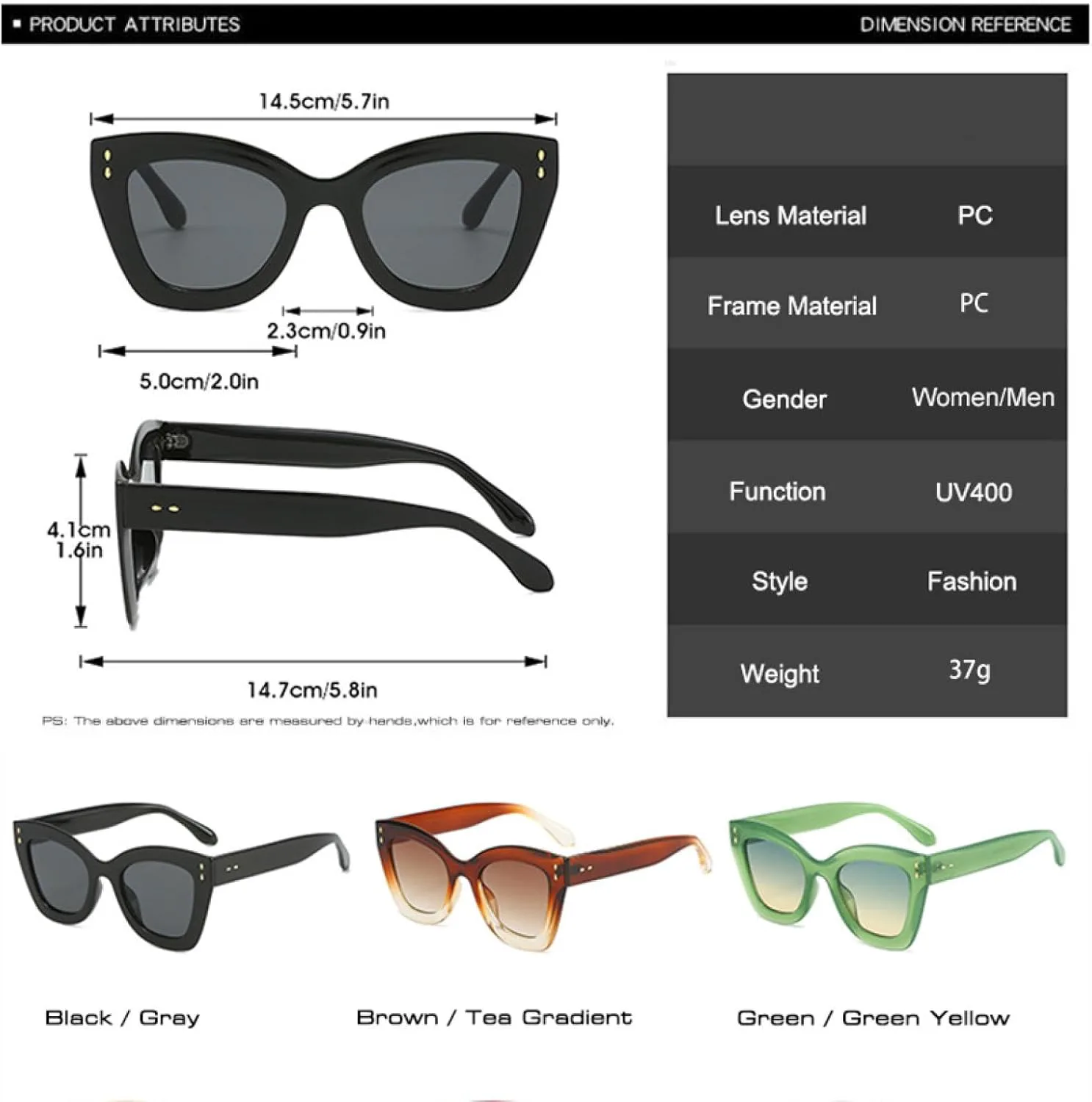 

Женские модные солнцезащитные очки «кошачий глаз» с защитой от УФ-излучения UV400, ретро-очки с заклепками, мужские градиентные очки TVTBBVV, Black Gray