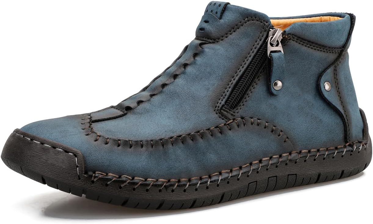 

Мужские повседневные кожаные лоферы, модные удобные челси, с ручной строчкой, без шнурков, средние по высоте Zhoupulp, синий