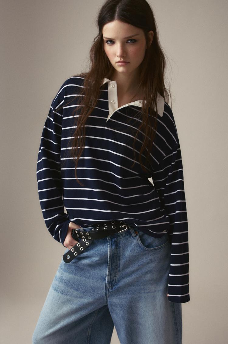 

Полосатая рубашка поло Pull And Bear, синий