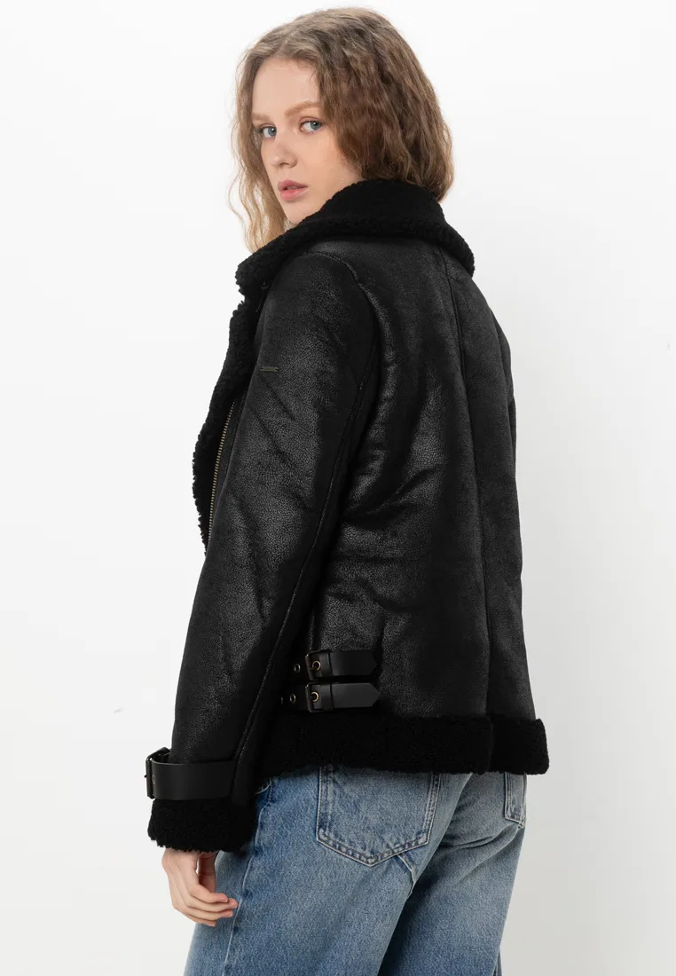 Куртка-авиатор, искусственный мех, Faux Shearling Superdry, черный — фото 2