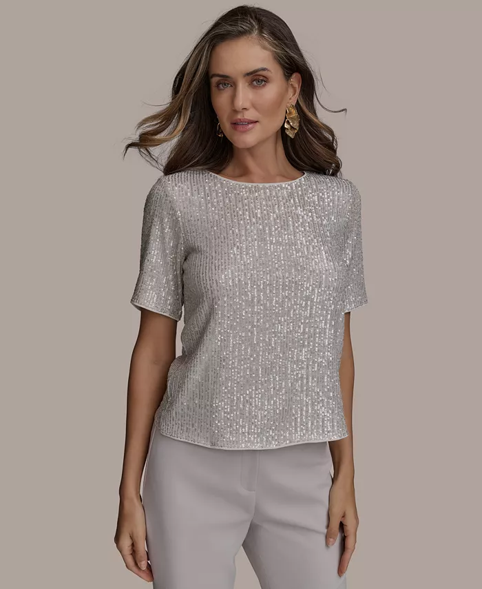 

Женская блуза с коротким рукавом и пайетками Donna Karan New York, коричневый/бежевый