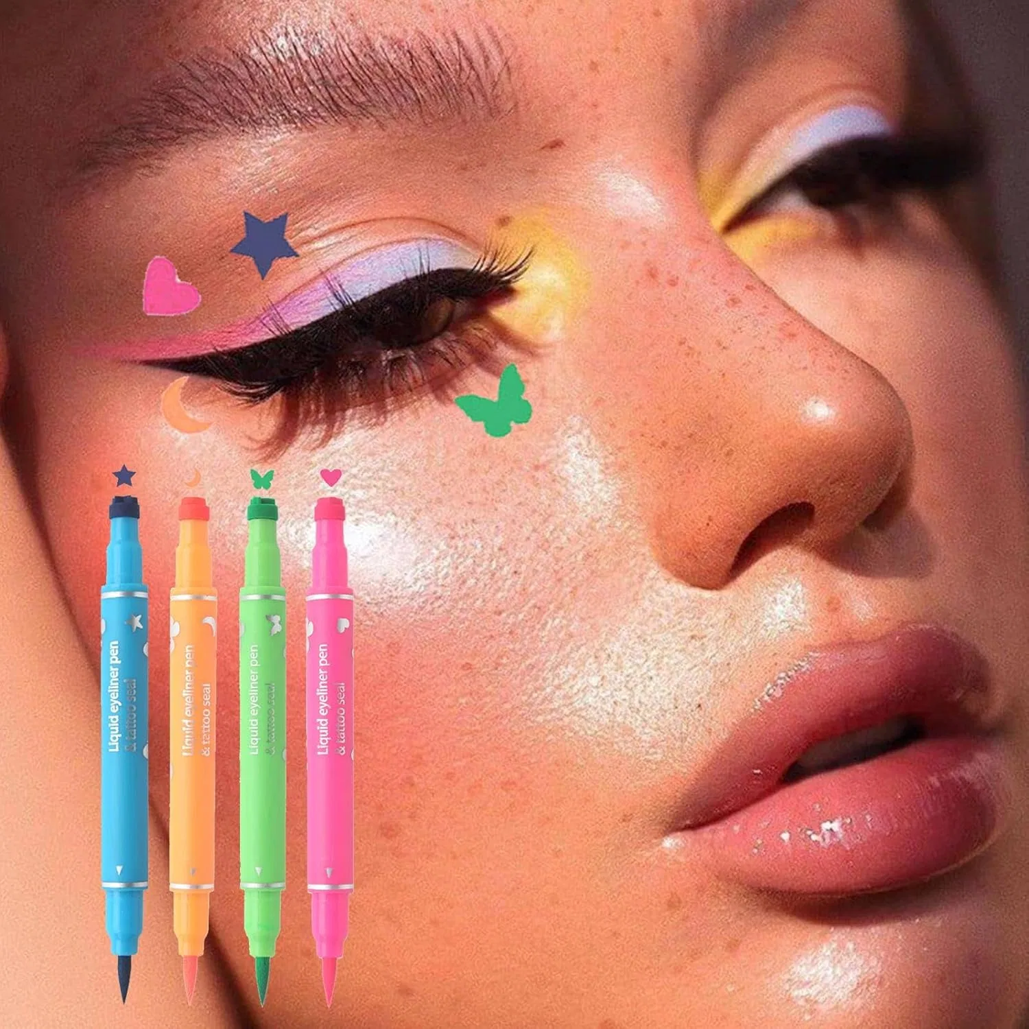Подводка для глаз Makeup Stamp Liner, двойная, водостойкая, быстросохнущая, с трафаретами звезда, луна, бабочка, сердце, без бренда — фото 2