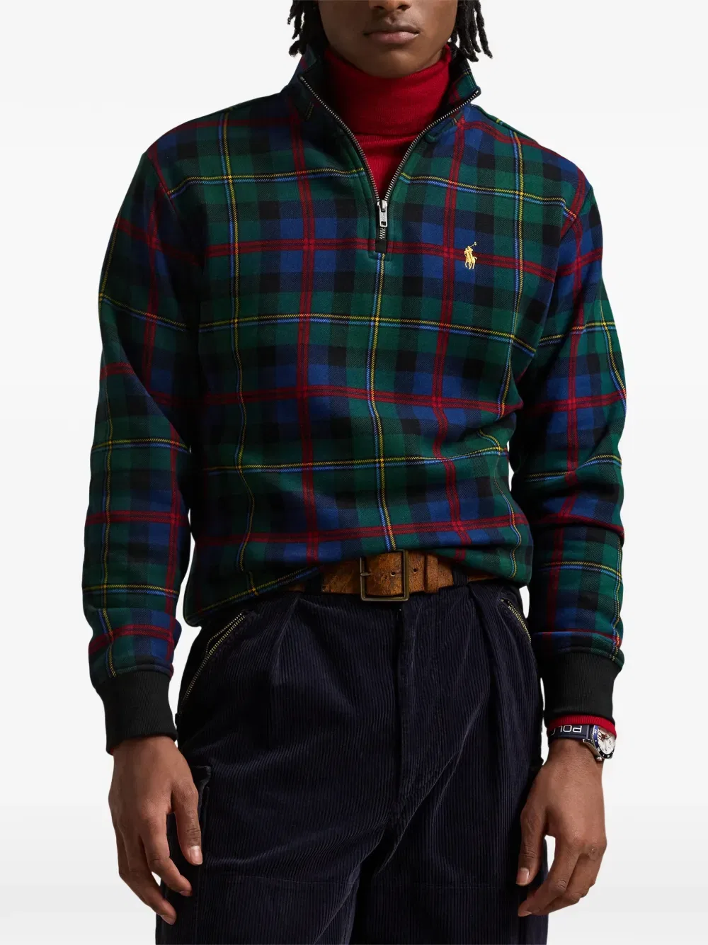 Свитер с клетчатым узором и застежкой-молнией до середины груди Polo Ralph Lauren, зеленый — фото 3