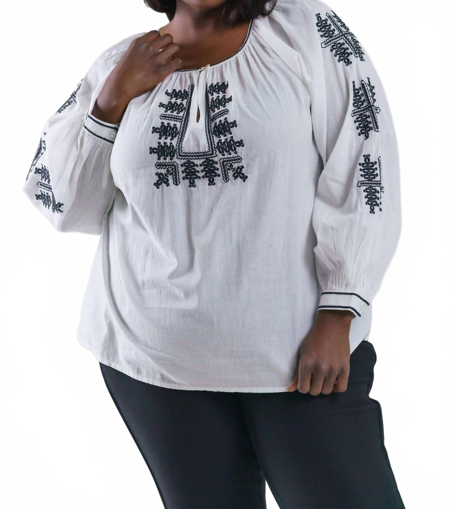 

Хлопковая вышитая блуза с длинными рукавами в крестьянском стиле плюс размера в кремовом цвете Karen Kane