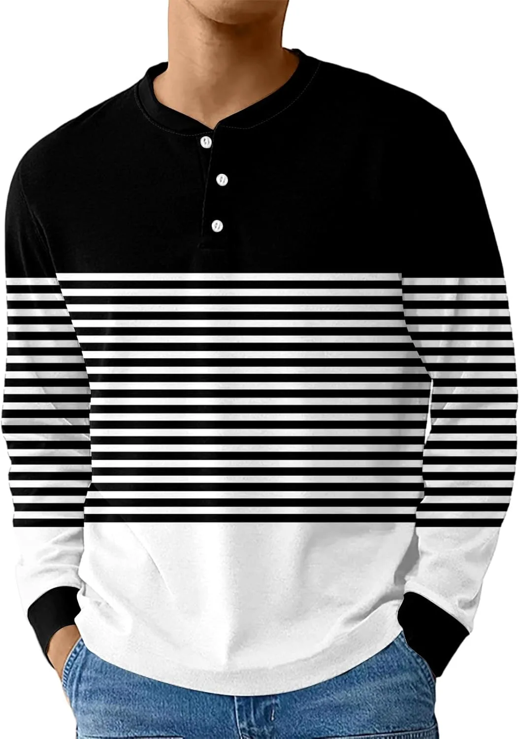 

Мужская футболка с длинным рукавом Casual Henley Button Top, легкая, свободного кроя, в горизонтальную полоску FQZWONG