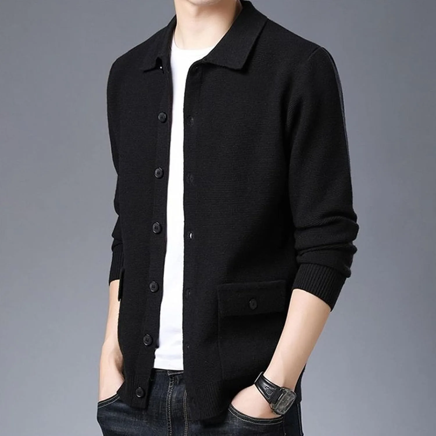 Мужской кардиган с лацканами, Slim Fit, легкий — фото 3