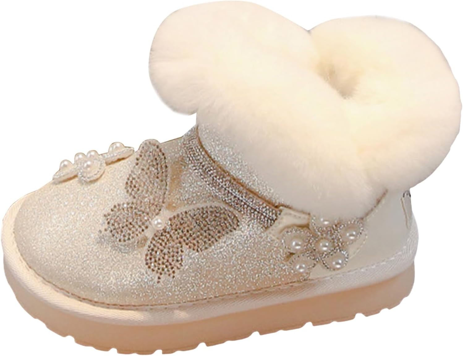 

Детские пушистые ботинки с утолщенной теплой подкладкой, цветочным и бабочкиным узором, на голенище с мехом, украшенные жемчугом и стразами, удобные плюшевые теплые зимние ботиночки Generic, Beige